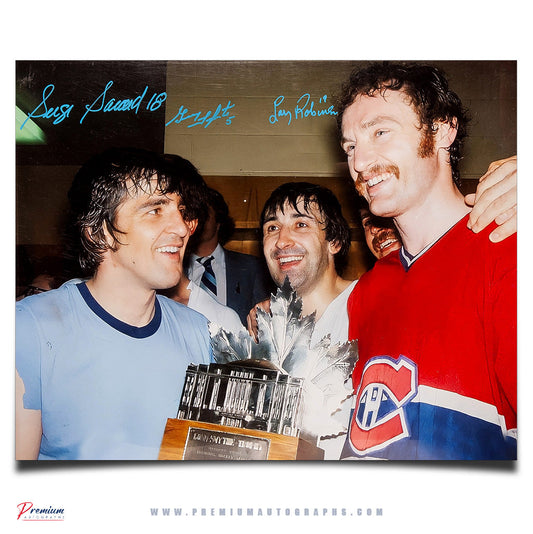 Serge Savard, Guy Lapointe & Larry Robinson Montreal Canadiens Signed 16x20 Photograph BIG 3 with the Conn Smythe Trophy