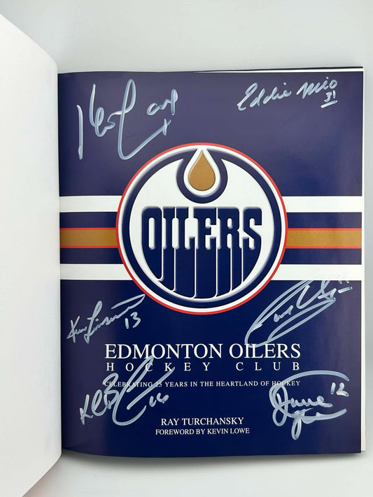 Edmonton Oilers Hockey Club by Ray Turchansky Autographed by Bill Ranford, Dave Hunter, Kevin Lowe, Ken Linesman, Kelly Buchberger & Garry Unger white paint pen