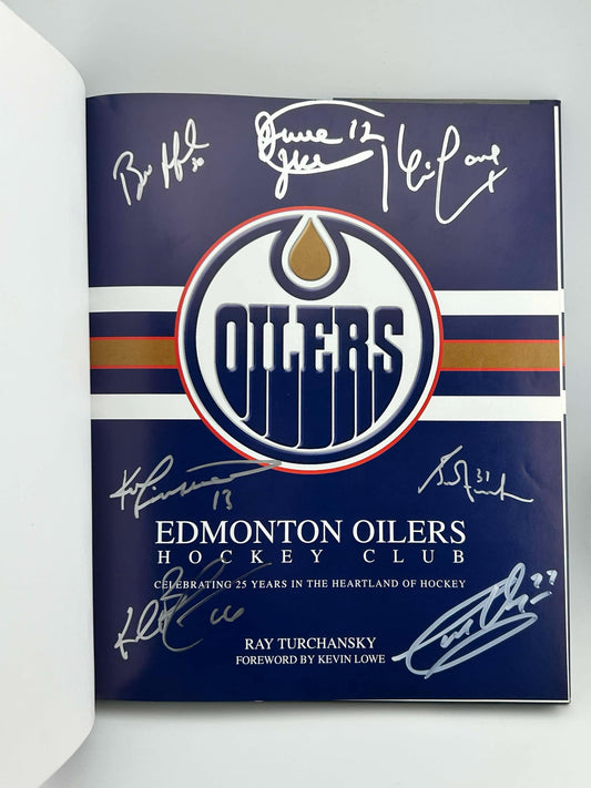 Edmonton Oilers Hockey Club by Ray Turchansky Autographed by Dave Hunter, Kevin Lowe, Ken Linesman, Eddie Mio, Kelly Buchberger & Garry Unger silver paint pen