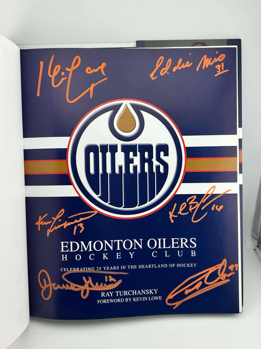 Edmonton Oilers Hockey Club by Ray Turchansky Autographed by Bill Ranford, Dave Hunter, Kevin Lowe, Ken Linesman, Kelly Buchberger & Garry Unger orange paint pen