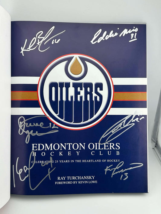 Edmonton Oilers Hockey Club by Ray Turchansky Autographed by Dave Hunter, Kevin Lowe, Ken Linesman, Eddie Mio, Kelly Buchberger & Garry Unger silver paint pen