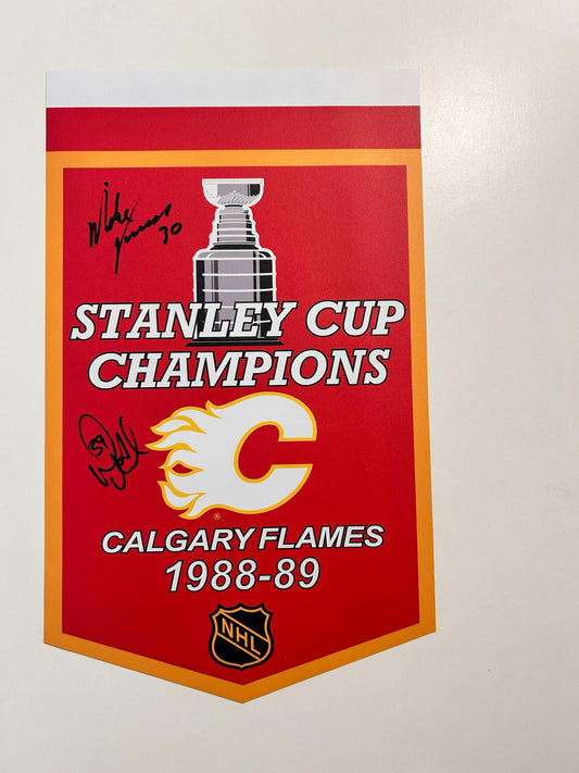 Mike Vernon & Doug Gilmour Calgary Flames Stanley Cup Champions 1988-89 Autographed Banner black paint pen