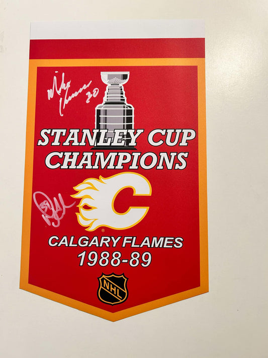 Mike Vernon & Doug Gilmour Calgary Flames Stanley Cup Champions 1988-89 Autographed Banner white paint pen