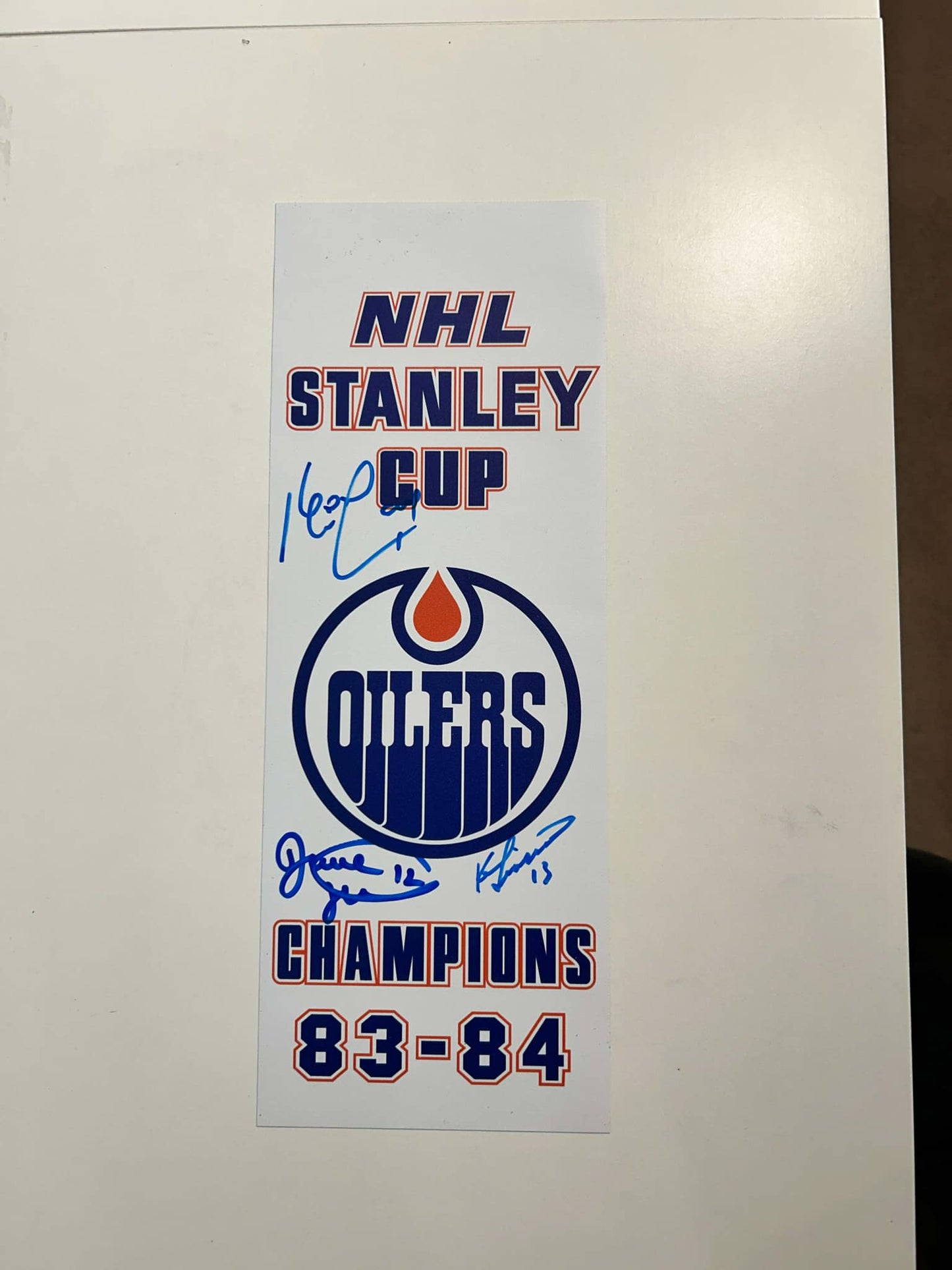 OIlers 83-84 Stanley Cup Champions Banners Autographed by Kevin Lowe, Dave Hunter & Ken Linseman