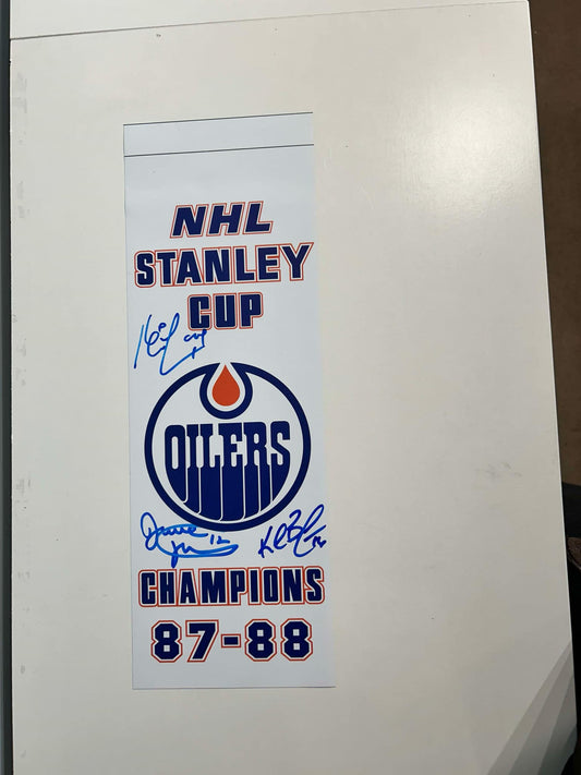 OIlers 87-88 Stanley Cup Champions Banners Autographed by Kevin Lowe, Dave Hunter & Kelly Buchber