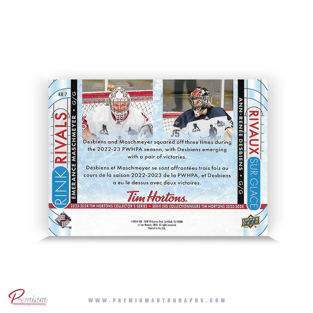 Emerance Mashemeyer & Ann-Renne Desbiens  PWHL Dual Autographed (Front & Back) 23-25 Upper Deck  Tim Hortons Hockey Card #RR-7 Rink Rivals insert