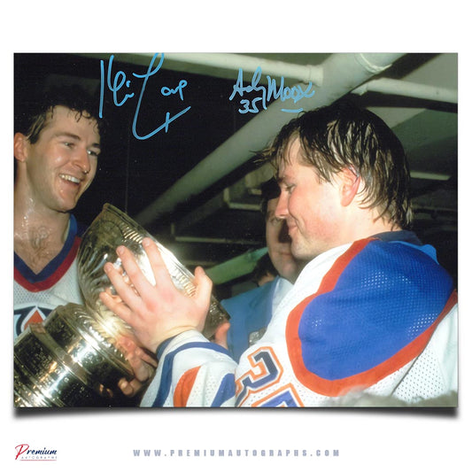 Kevin Lowe & Andy Moog Edmonton Oilers Signed 8x10 Photograph Stanley Cup Locker Room Celebration