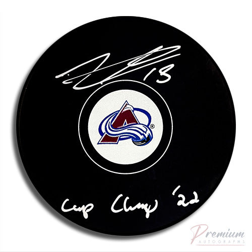 Alex Newhook Colorado Avalanche Signed Puck w/ Stanley Cup Champ '22 Inscription