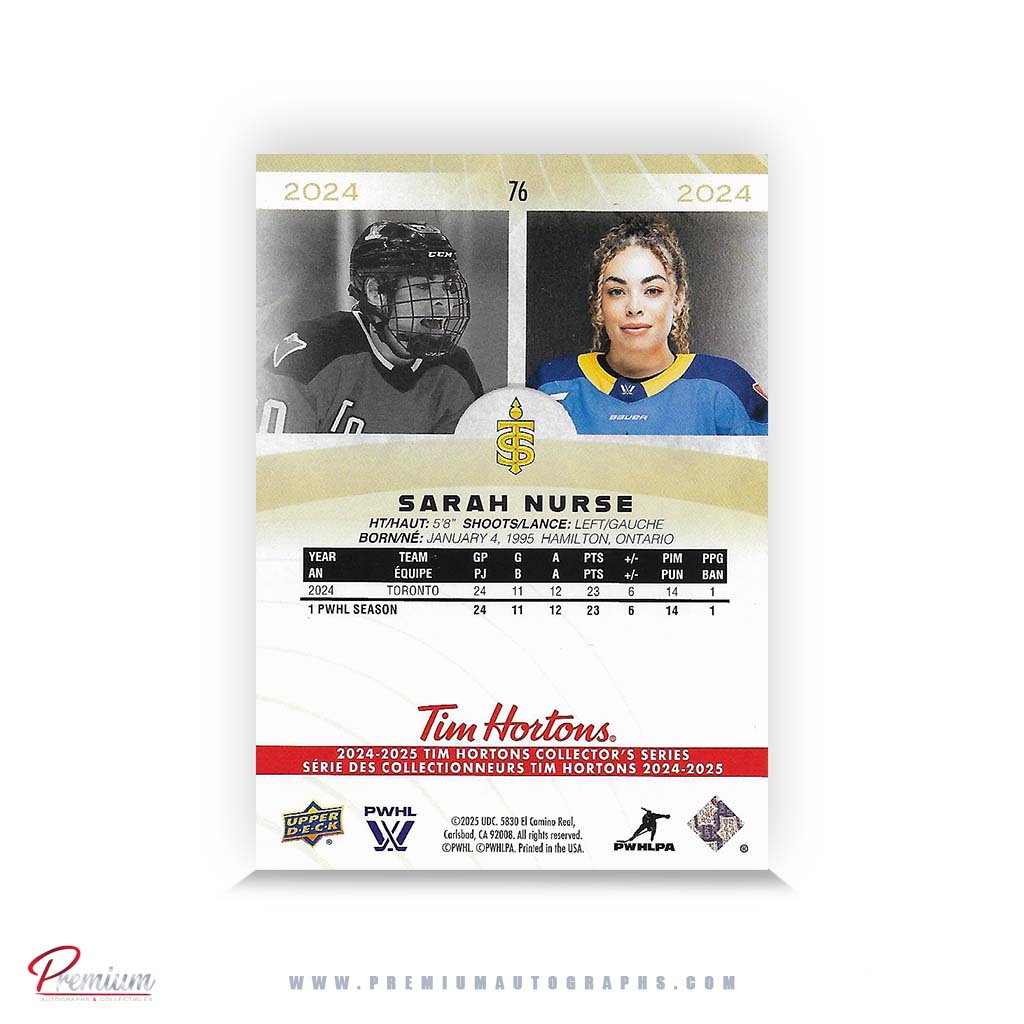 Sarah Nurse Toronto Sceptres Autographed 25-26 Upper Deck PWHL Tim Hortons Hockey Card #76