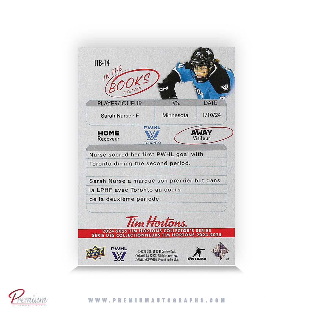 Sarah Nurse Toronto Sceptres Autographed 25-26 Upper Deck PWHL Tim Hortons Hockey Card #ITB-14 In the Books Insert