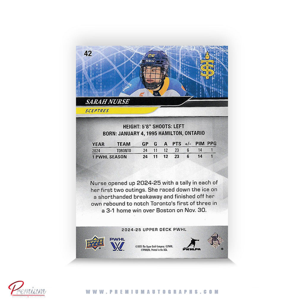Sarah Nurse Toronto Sceptres Autographed 2024-25 Upper Deck PWHL Hockey Card #42 Ltd. /20 Nicknames Edition w/ "Nursey" Inscription