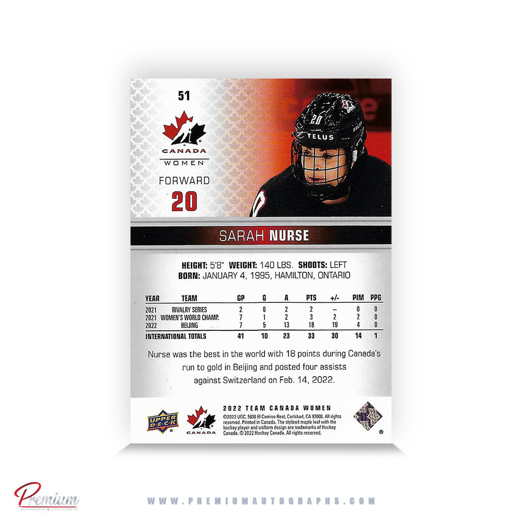 Sarah Nurse Team Canada Autographed 2022-23 Upper Deck Team Canada Hockey Card #51