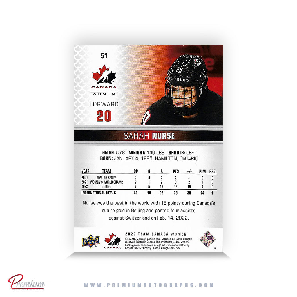 Sarah Nurse Team Canada Autographed 2022-23 Upper Deck Team Canada Hockey Card #51