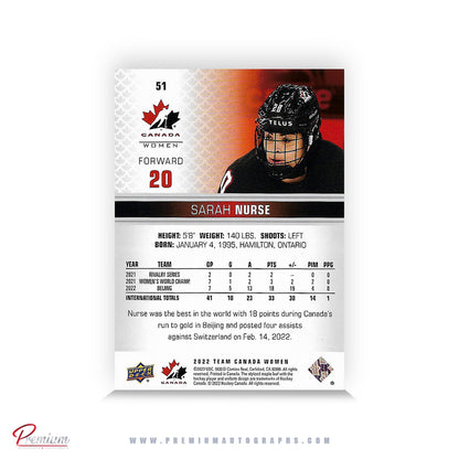 Sarah Nurse Team Canada Autographed 2022-23 Upper Deck Team Canada Hockey Card #51