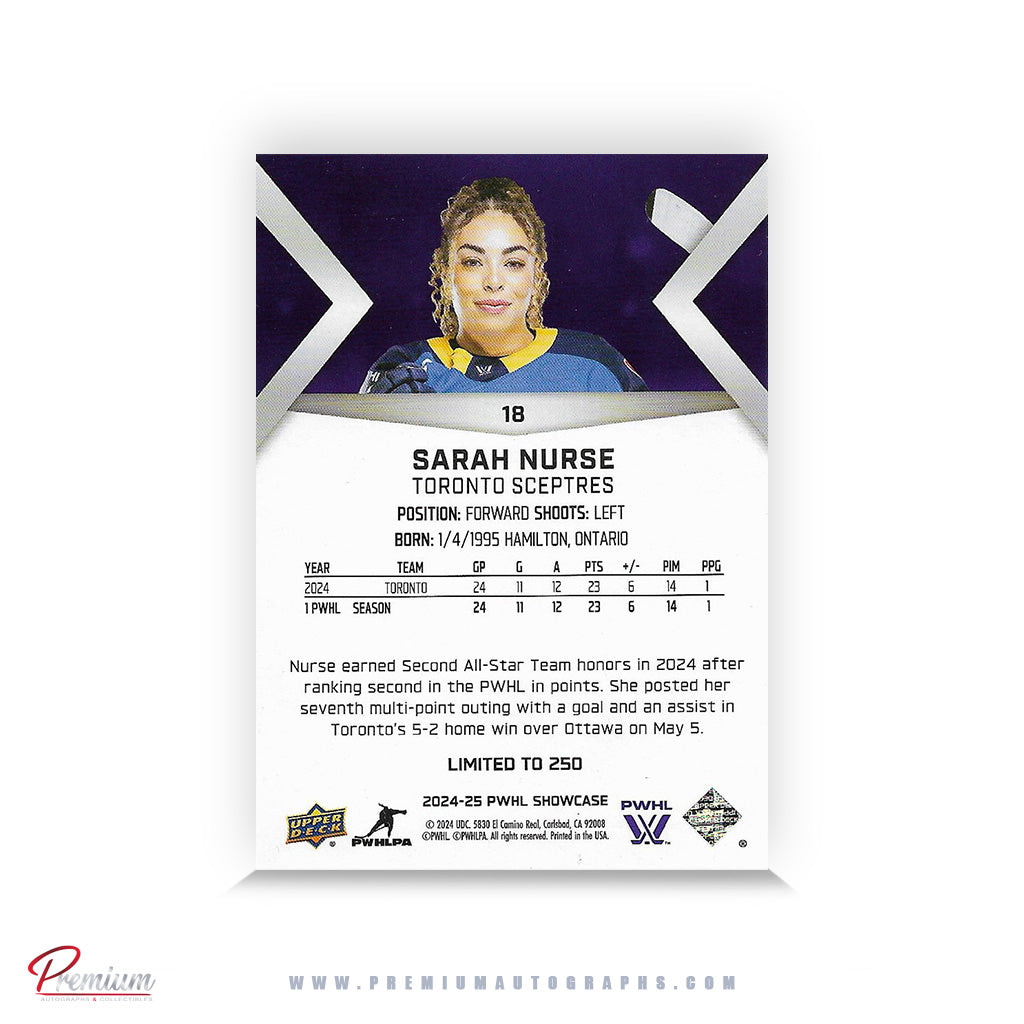 Sarah Nurse Toronto Sceptres Autographed 2024-25 Upper Deck PWHL Hockey Card #18 #'d to 250