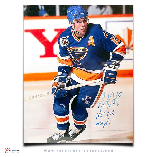 Adam Oates St. Louis Blues Signed 16x20 Photograph Blue Jersey w/ HOF 2012 & 1420 Pts Inscriptions