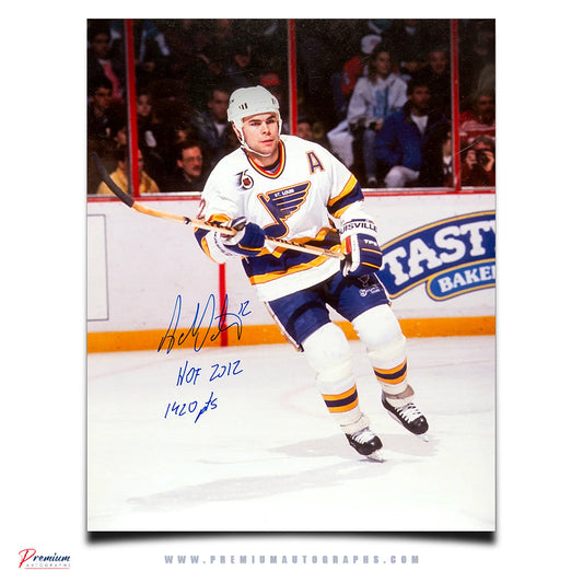 Adam Oates St. Louis Blues Signed 16x20 Photograph Skating w/ HOF 2012 & 1420 Pts Inscriptions