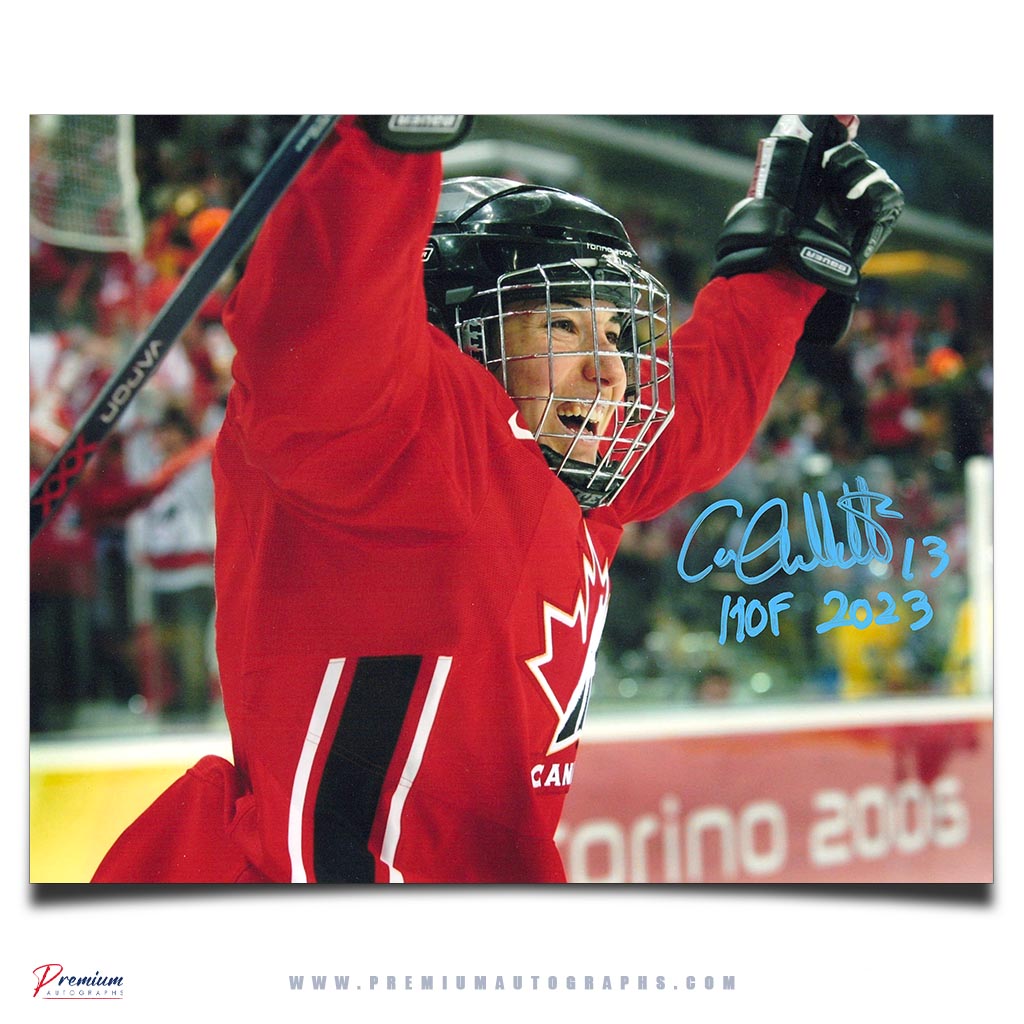 Caroline Ouellette Team Canada Signed 8x10 Photograph Celebration w/ HOF 13 Inscription