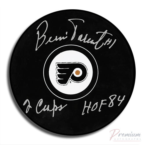 Bernie Parent Philadelphia Flyers Signed Puck w/ 2 Cups & HOF Inscription