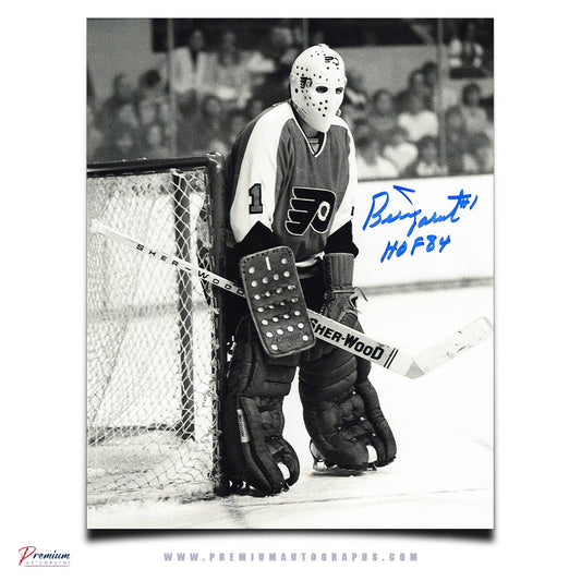 Bernie Parent Philadelphia Flyers Signed 8x10 Photograph BW Stance w/ HOF 84 Inscription