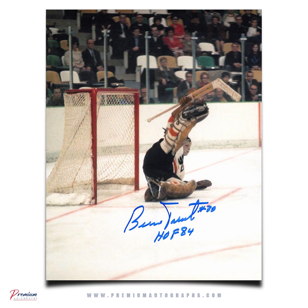 Bernie Parent Philadelphia Flyers Signed 8x10 Photograph Kick Save! w/ HOF 84 Inscription