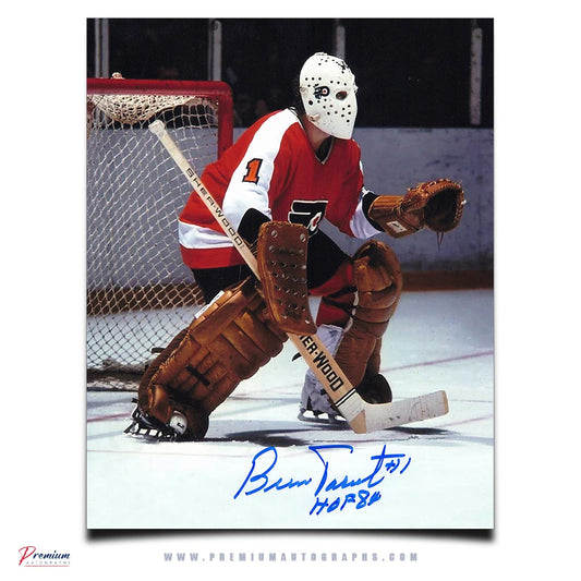 Bernie Parent Philadelphia Flyers Signed 8x10 Photograph In Net w/ HOF 84 Inscription