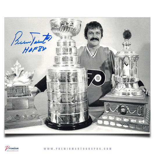 Bernie Parent Philadelphia Flyers Signed 8x10 Photograph BW Trophies w/ HOF 84 Inscription