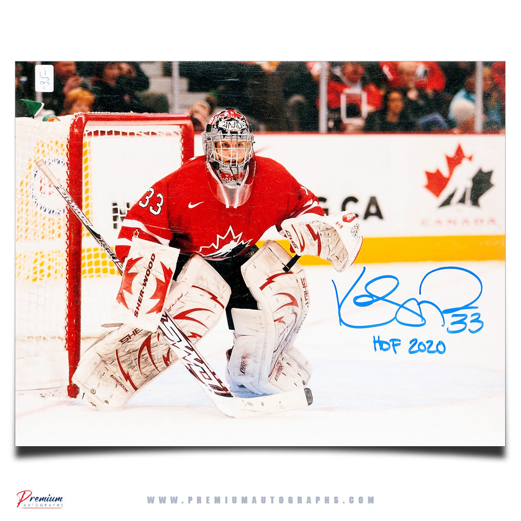 Kim St-Pierre Team Canada Signed 11x14 Photograph In the Net w/ HOF 2020 Inscription