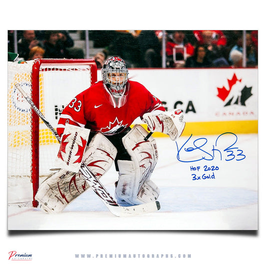 Kim St-Pierre Team Canada Signed 16x20 Photograph In Net w/ HOF 2020 & 3x Gold Inscriptions