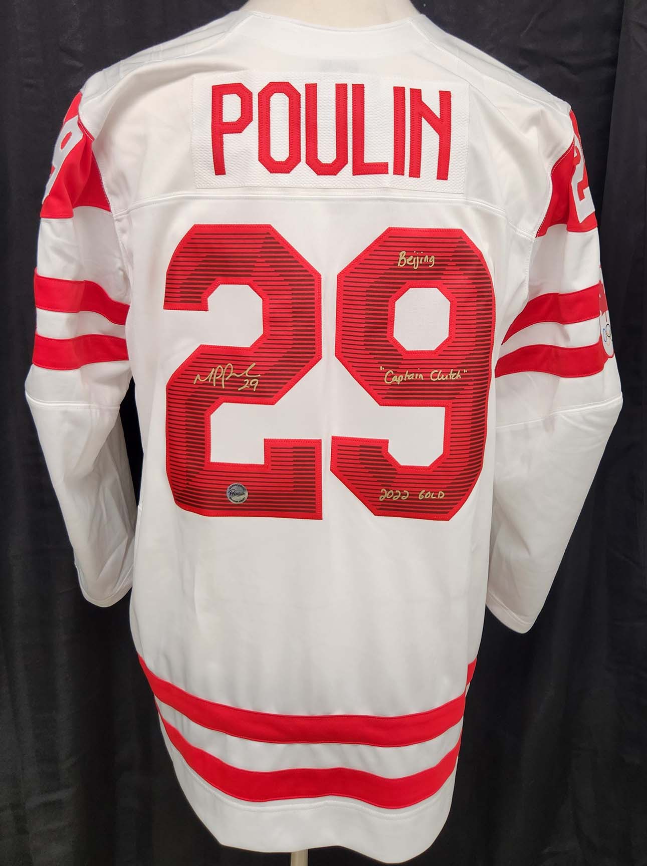 Marie-Philip Poulin Team Canada Autographed Nike WHITE Jersey w/ Beijing 2022 Gold &amp; Captain Clutch Inscription