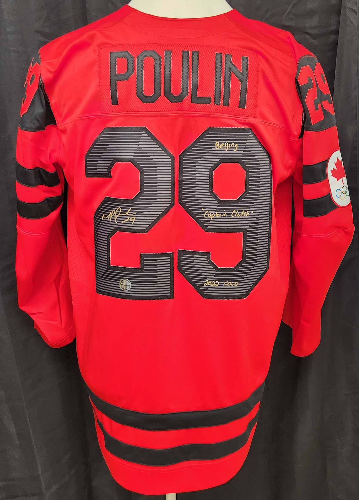 Marie-Philip Poulin Team Canada Autographed Nike RED Jersey w/ Beijing 2022 Gold &amp; Captain Clutch Inscription