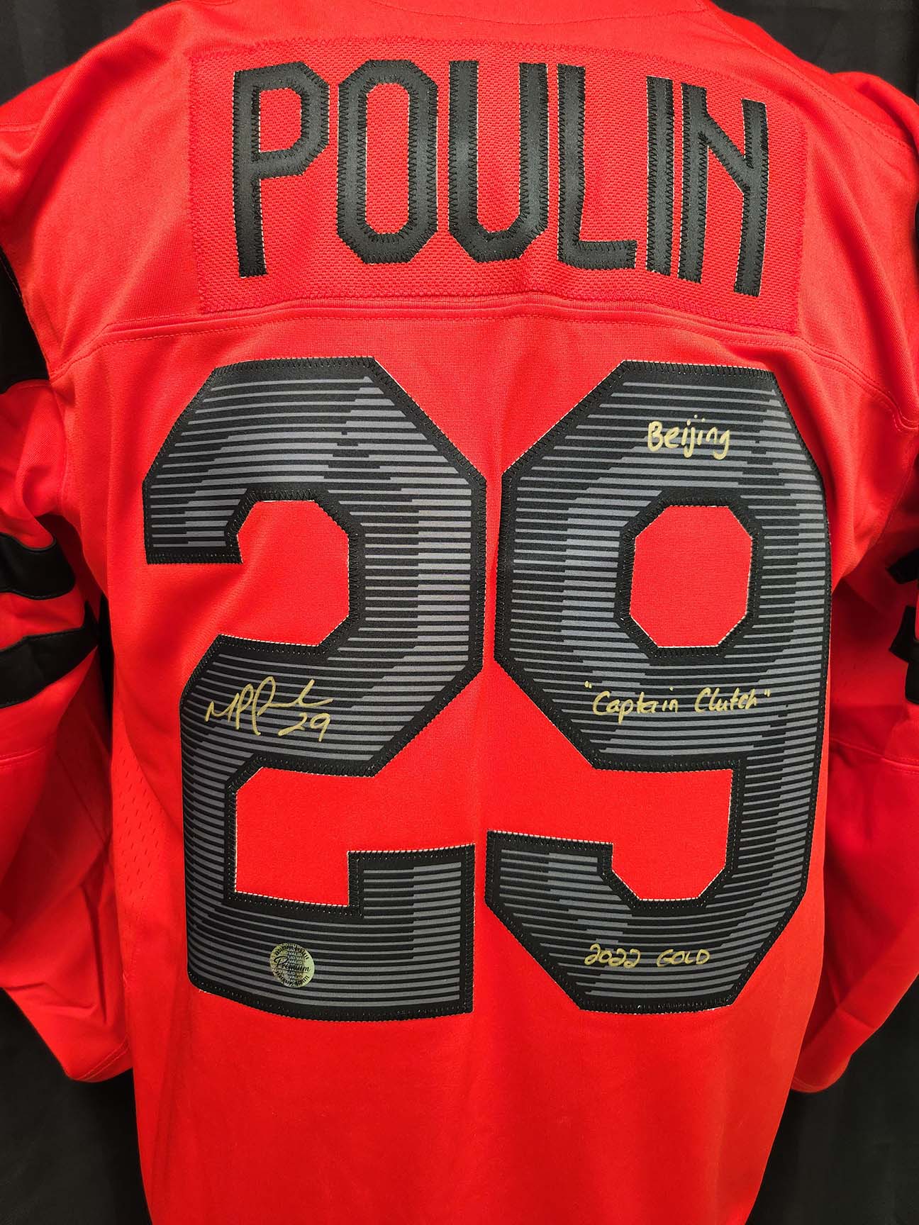 Marie-Philip Poulin Team Canada Autographed Nike RED Jersey w/ Beijing 2022 Gold &amp; Captain Clutch Inscription