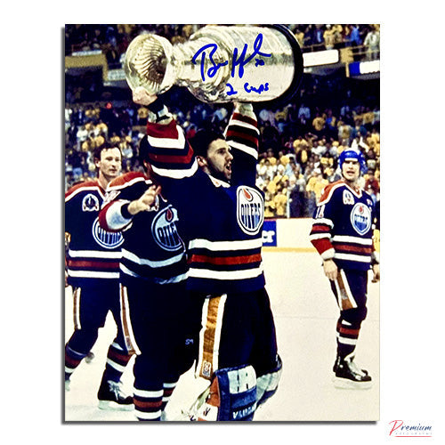 Bill Ranford Edmonton Oilers Signed 8x10 Photograph Stanley Cup Celebration w/ 2 Cups Inscription