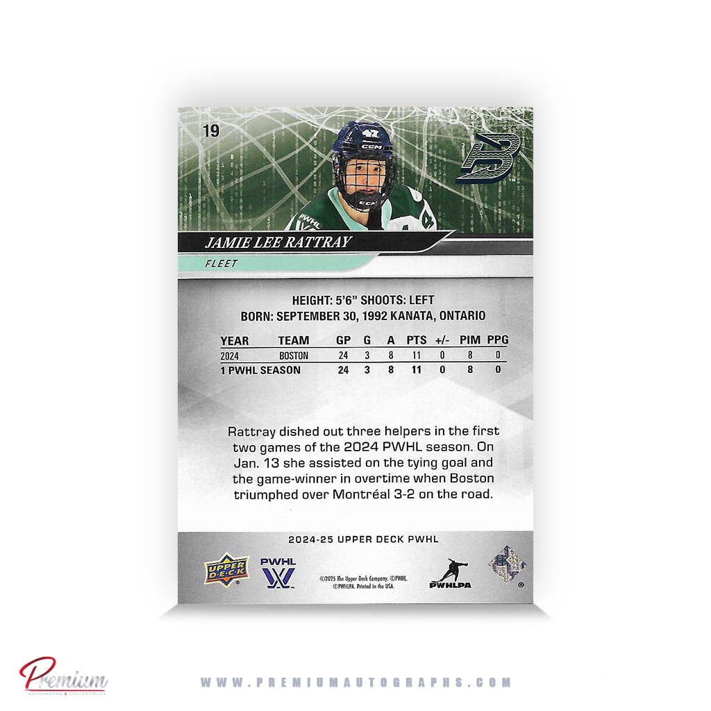 Jamie Lee Rattray Boston Fleet Autographed 2024-25 Upper Deck PWHL Hockey Card #30 Ltd /47 Nicknames  edn. w/ "Ratty" Inscription