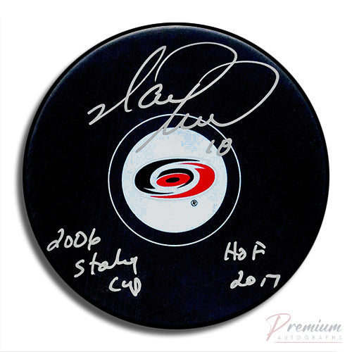 Mark Recchi Carolina Hurricanes Signed Puck w/ 2006 Stanley Cup & HOF 2017 Inscription