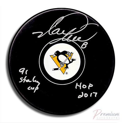Mark Recchi Pittsburgh Penguins Signed Puck w/ 91 Stanley Cup & HOF 2017 Inscription