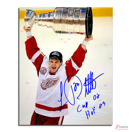 Luc Robitaille Detroit Red Wings Signed 8x10 Photograph w/ 02 Cup / HOF 09 Inscription