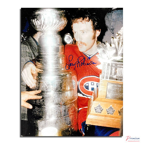 Larry Robinson Montreal Canadiens Signed 8x10 Photograph w/ the Stanley Cup & Art Ross Trophies