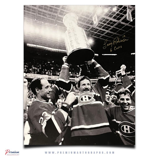 Larry Robinson Monrtreal Canadiens Signed 16x20 Photograph, Stanley Cup Celelbration w/ 6 Cups Inscription