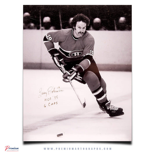 Larry Robinson Monrtreal Canadiens Signed 16x20 Photograph Passing the Puck w/ HOF 95 & 6 Cups Inscriptions