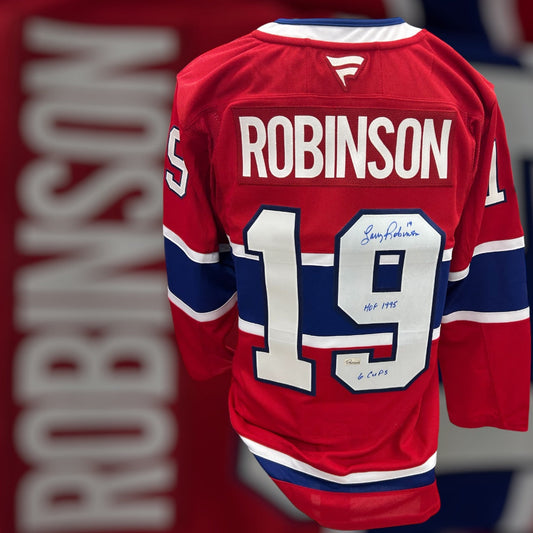 Lary Robinson Montreal Canadiens Fanatics Autographed Jersey w/ HOF 1995 & 6 cups Inscription