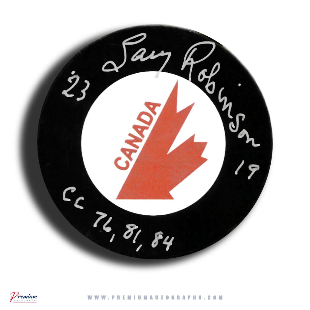 Lary Robinson Team Canada Signed Puck w/ CC 76, 81, 84 Inscription