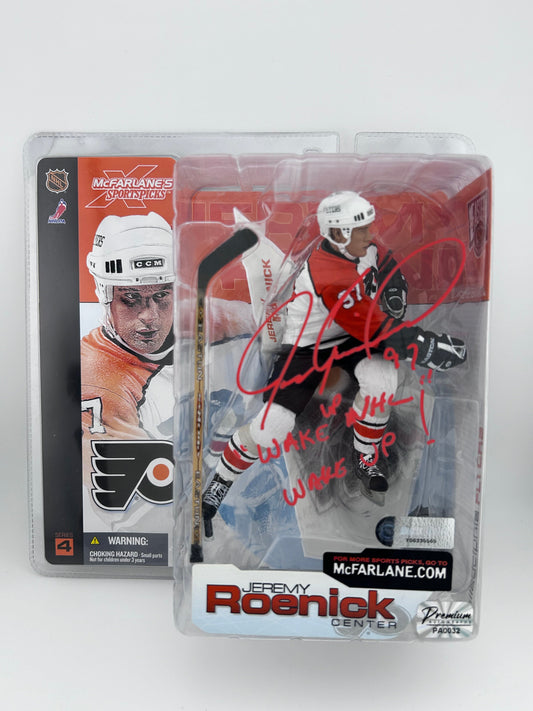 Jeremy Roenick Philadelphia Flyers Autographed White Jersey McFarlane (on package) w/ Wake Up NHL, Wake Up!