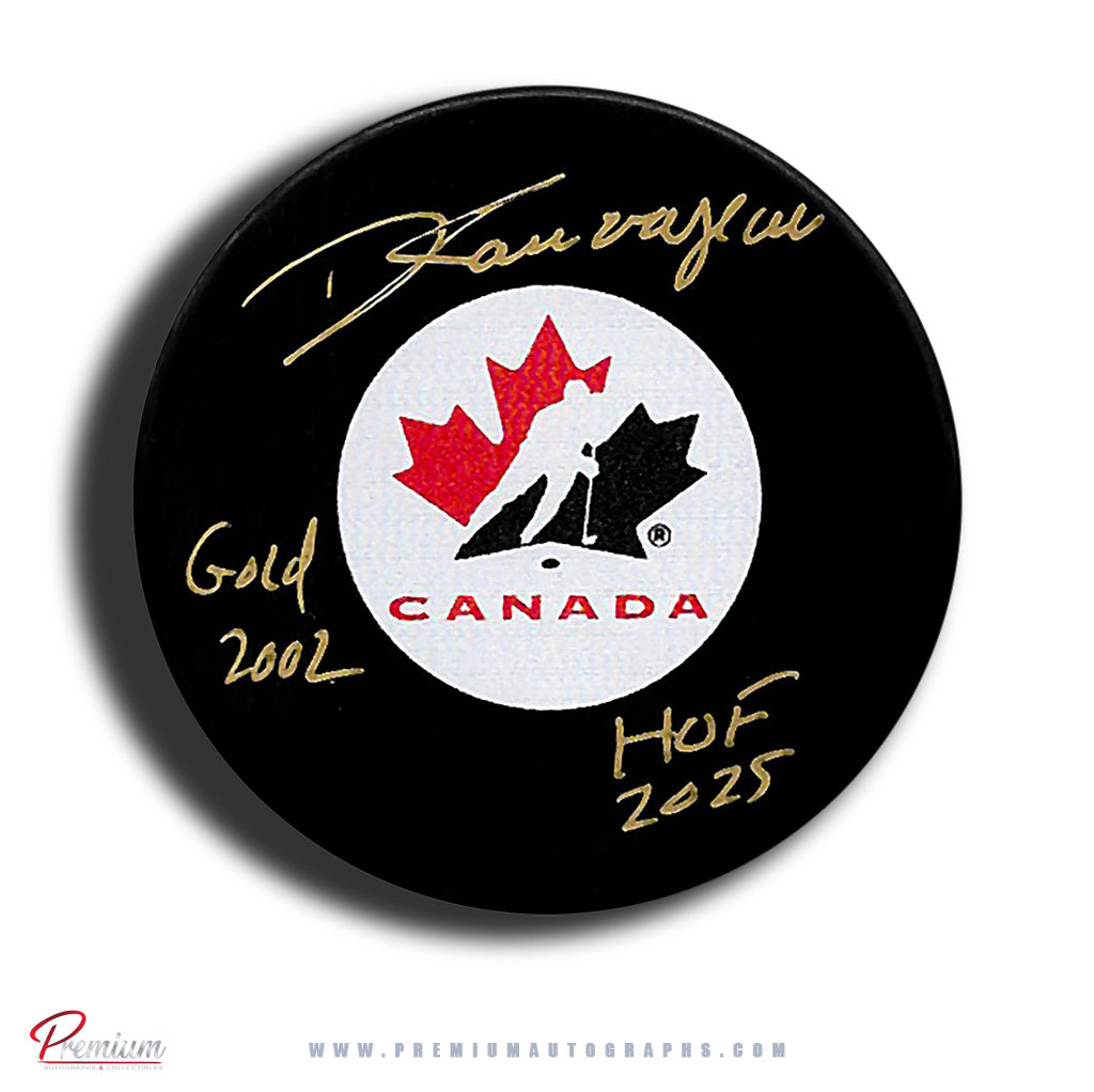 Daniele Sauvageau Team Canada Autographed Puck w/ Gold 2002 & HOF 2025 Inscription