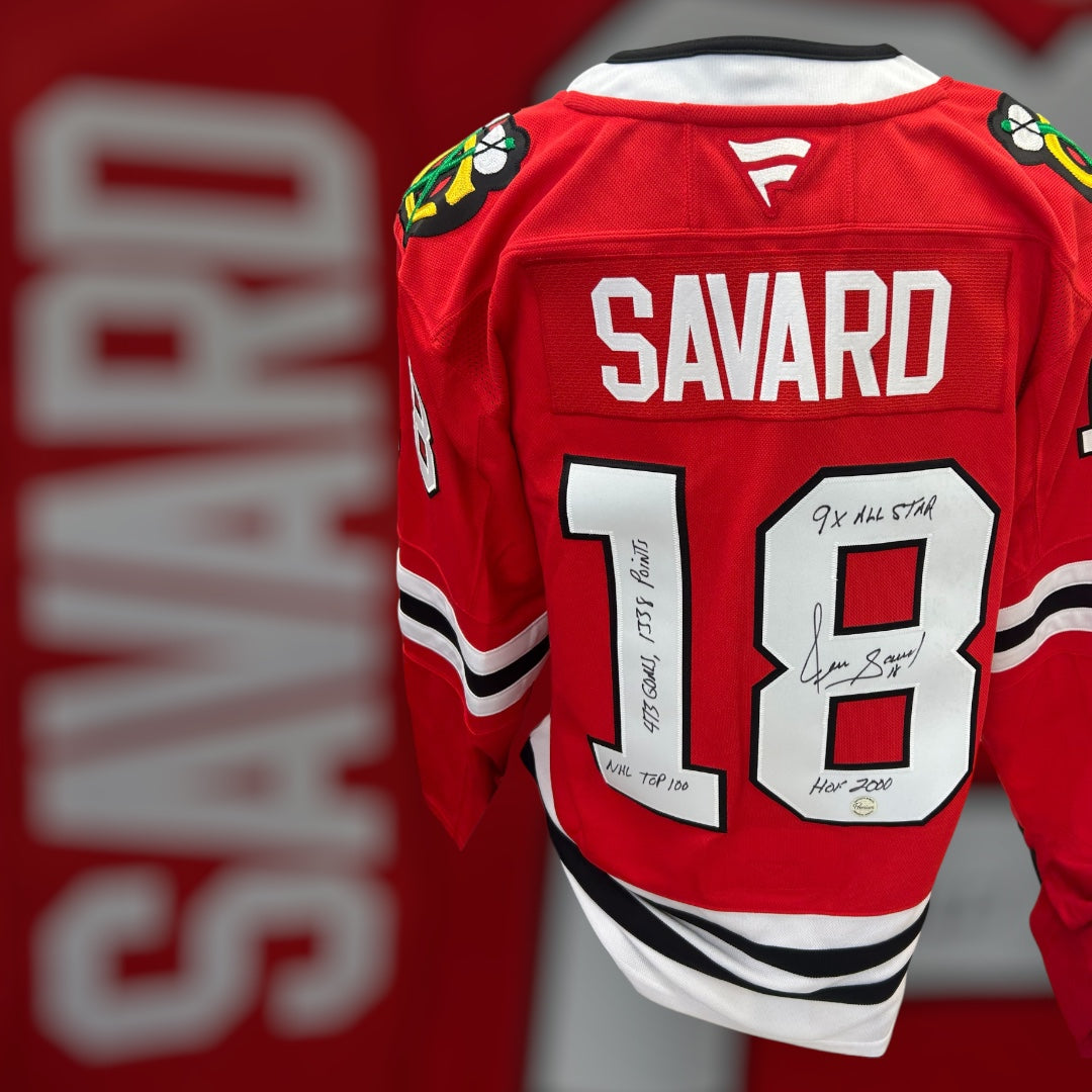 Denis Savard Chicago  Blackhawks Fanatics Autographed Jersey w/ 5 great career Inscriptions