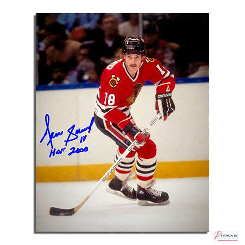 Denis Savard Chicago Blackhawks Signed 8x10 Photograph Puck Possession w/ HOF 2000 Inscription