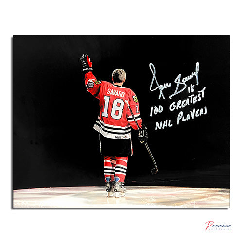 Denis Savard Chicago Blackhawks Signed 8x10 Photograph w/ 100 Greatest NHL Player Inscription