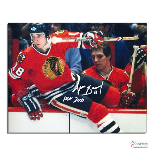 Denis Savard Chicago Blackhawks Signed 8x10 Photograph Over the Boards  w/ HOF 2000 Inscription