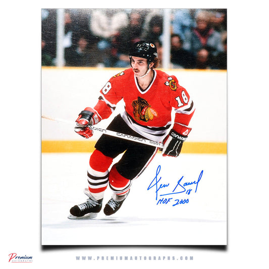 Denis Savard Chicago Blackhawks Signed 11x14 Photograph Skating w/ HOF 2000 Inscription