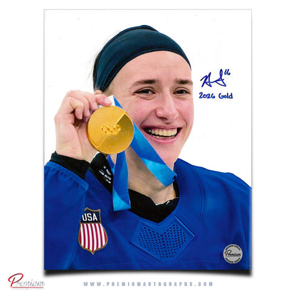 Hayley Scamurra Team USA Autographed Olympic 8x10 Photograph Gold Medal Celebration Close Up w/ 2026 Gold Inscription